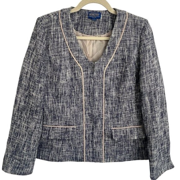 Pendleton Women 6 Blue White Tweed Textured Blazer Suit Jacket Classic Career - Picture 1 of 16